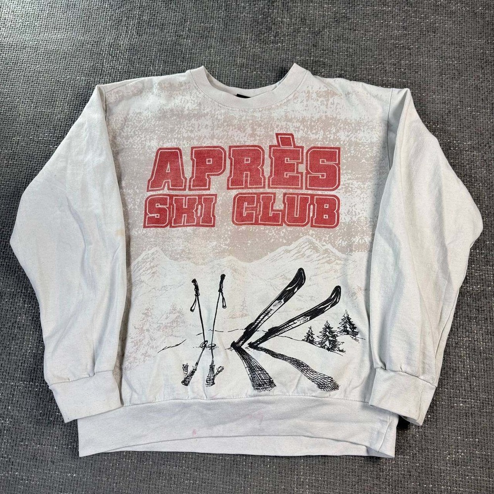 Après Ski Club Graphic Sweatshirt Womens XL Cream Vintage Y2K Mountain Crewneck
